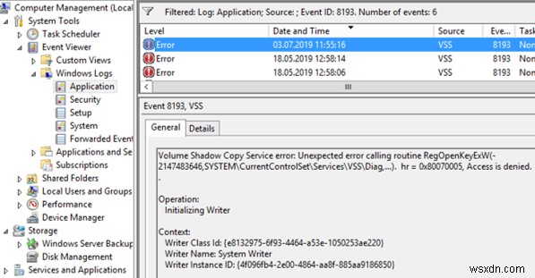 イベントID8193のボリュームシャドウコピー（VSS）エラーの修正 