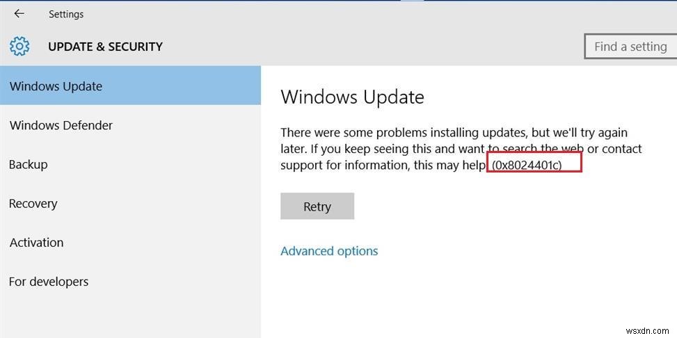 Windows 10：WSUSエラー0x8024401c 