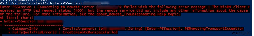 WinRMクライアントがHTTPの不正な要求ステータス（400）を受信しました 