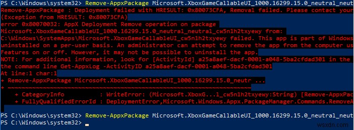 エラー0x80073CFA：Windows10でRemove-AppxPackageを使用してアプリをアンインストールできません 