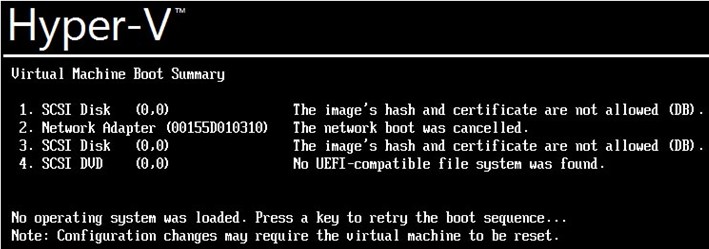 Hyper-Vブートエラー：イメージのハッシュと証明書は許可されていません 