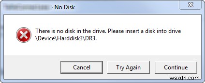 修正済み：ドライブにディスクがありません。ドライブにディスクを挿入してください 