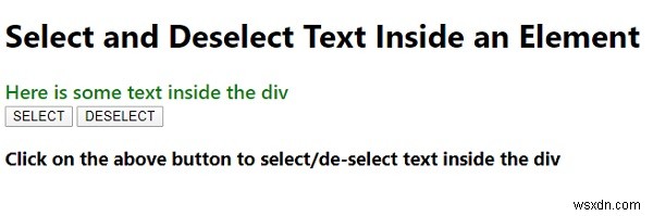 JavaScriptを使用して要素内のテキストを選択および選択解除します 