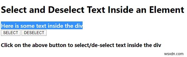 JavaScriptを使用して要素内のテキストを選択および選択解除します 