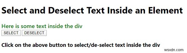 JavaScriptを使用して要素内のテキストを選択および選択解除します 