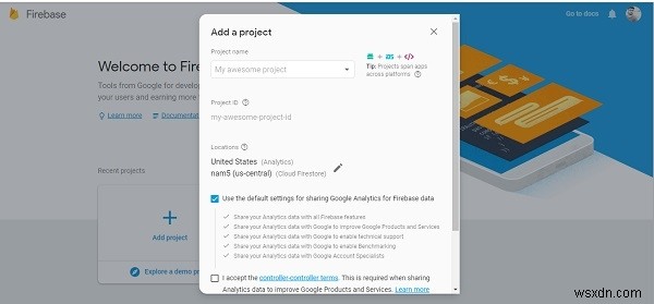 AndroidアプリケーションのFirebaseアカウントを作成するにはどうすればよいですか？ 