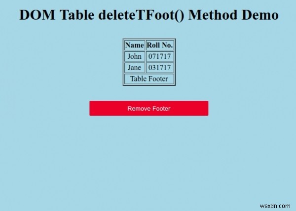 HTML DOMテーブルdeleteTFoot（）メソッド 