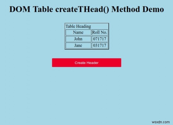 HTML DOMテーブルcreateTHead（）メソッド 