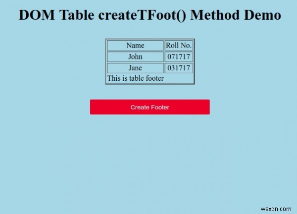 HTML DOMテーブルcreateTFoot（）メソッド 