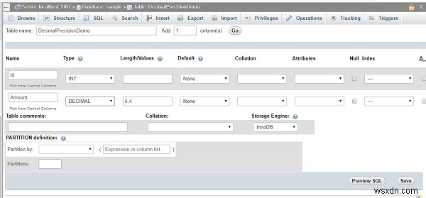 PHPMyAdminを使用してMySQLデータベースで小数精度とスケール数を指定するにはどうすればよいですか？ 