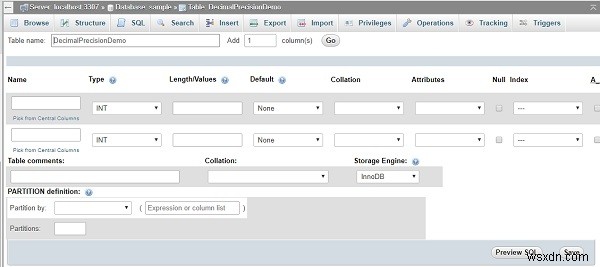 PHPMyAdminを使用してMySQLデータベースで小数精度とスケール数を指定するにはどうすればよいですか？ 