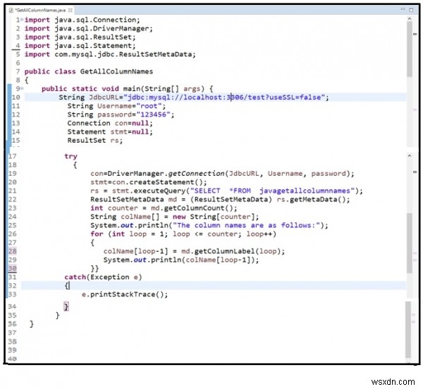 MySQLを使用してJavaでResultSetの列名を取得するにはどうすればよいですか？ 