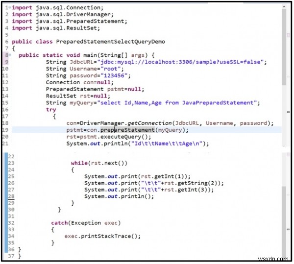 MySQLを使用したJavaでのselectクエリにプリペアドステートメントを使用するにはどうすればよいですか？ 