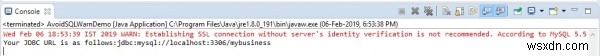 JavaでMySQLデータベースに接続するときに、「サーバーのID検証なしでSSL接続を確立することはお勧めしません」という警告を無効にする方法を教えてください。 