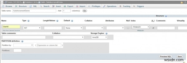 PhpMyAdminを使用してMySQLデータベースの列に自動インクリメントを追加するにはどうすればよいですか？ 