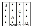 C++で周囲に最大数の星があるマトリックスでアルファベットを検索します 