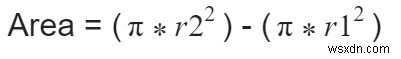 C ++で2つの同心円の間の面積を計算するプログラム？ 