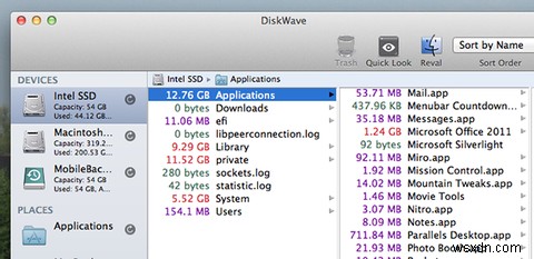 DiskWaveforMacで不要な大きなファイルを洗い流してください 