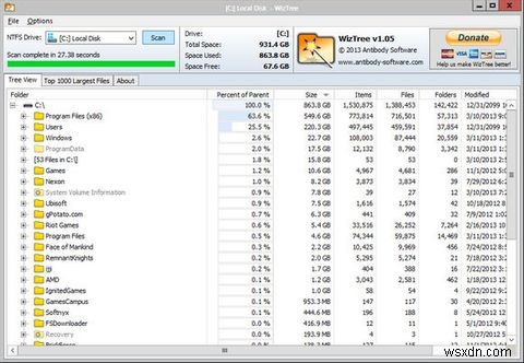 WizTreeは、ディスクスペースを占有しているものを見つけるのに役立ちます[Windows] 