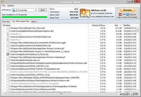 WizTreeは、ディスクスペースを占有しているものを見つけるのに役立ちます[Windows] 