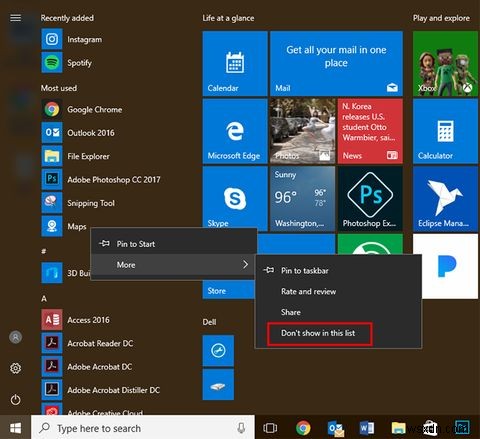 Windows10のスタートメニューから最もよく使用するアプリを削除する方法 