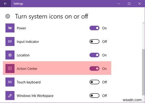 Windows10でアクションセンターのタスクバーアイコンを無効にする方法 