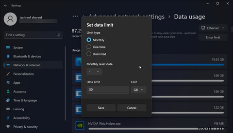 Windows11でデータ使用制限を監視および設定する方法 