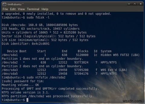 Ubuntuで破損したWindowsNTFSファイルシステムを修正する方法 