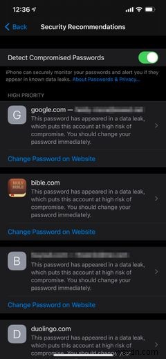 iPhoneで侵害されたパスワードを表示および管理する方法 