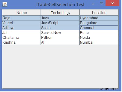 JavaでプログラムによってJTableのさまざまなセルを選択するにはどうすればよいですか？ 