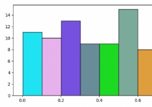 Python matplotlibヒストグラムのさまざまなバーにさまざまな色を指定するにはどうすればよいですか？ 