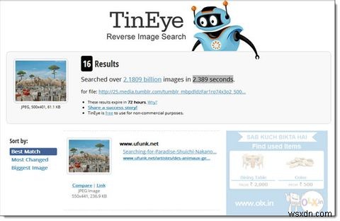 TinEye[Chrome]を使用した逆画像検索のその他の使用法を確認してください 