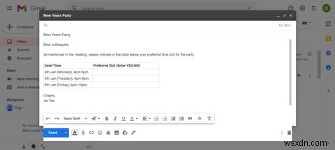 Gmailメッセージにテーブルを追加する方法 