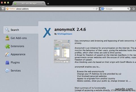 AnonymoX Firefoxで非公開で閲覧し、地理的制限を回避する 