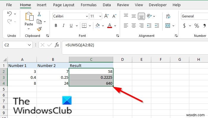 ExcelでSUMSQ関数を使用する方法 