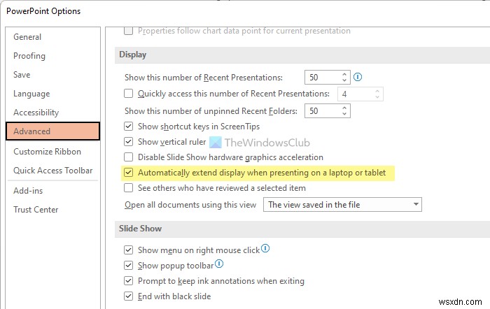 ラップトップでプレゼンテーションを行うときにPowerPointが表示を拡張しないようにする方法 