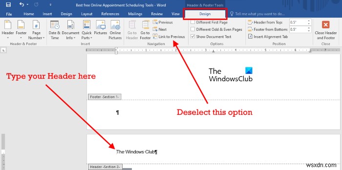 MicrosoftWordの特定のページにヘッダーとフッターを挿入する方法 