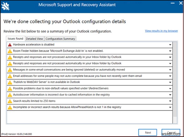 Outlookの問題を修正するには、Microsoft Support andRecoveryAssistantの高度な診断を使用します 