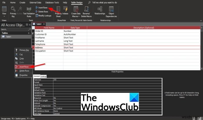 Accessのデザインビューでフィールドを追加または削除する方法 