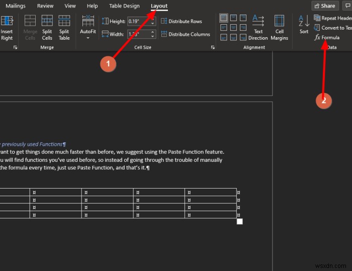 MicrosoftWordのテーブルに数式を追加する方法 