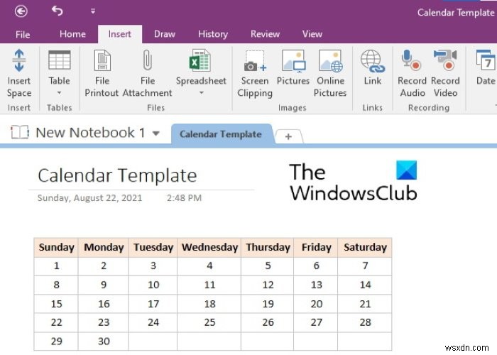 OneNoteでカレンダーテンプレートを作成する方法 