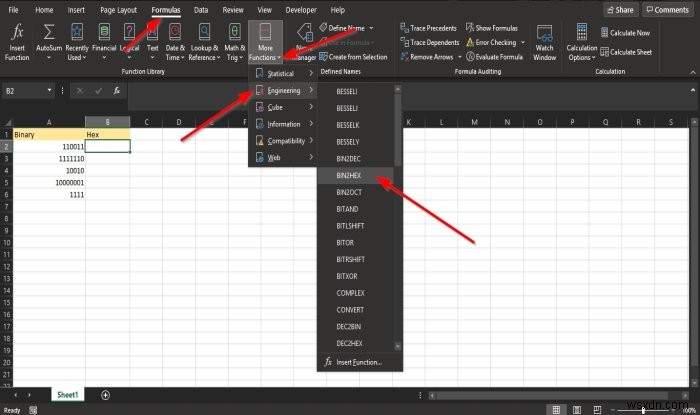 MicrosoftExcelでBIN2HEX関数を使用する方法 