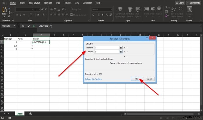 MicrosoftExcelでDEC2Bin関数を使用して10進数を2進数に変換する方法 