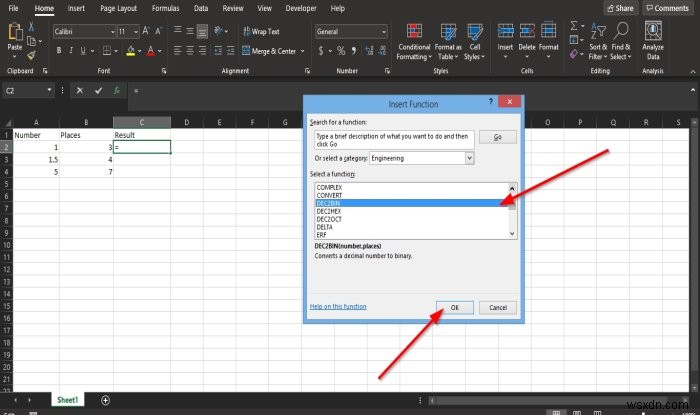 MicrosoftExcelでDEC2Bin関数を使用して10進数を2進数に変換する方法 