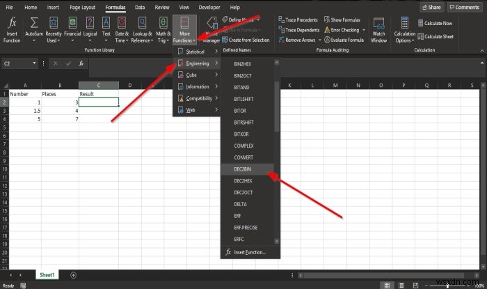 MicrosoftExcelでDEC2Bin関数を使用して10進数を2進数に変換する方法 