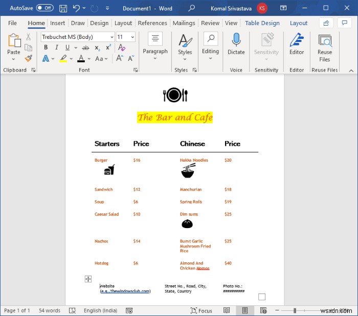 MicrosoftWordでレストランメニューを作成する方法 