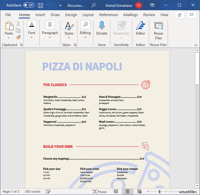 MicrosoftWordでレストランメニューを作成する方法 