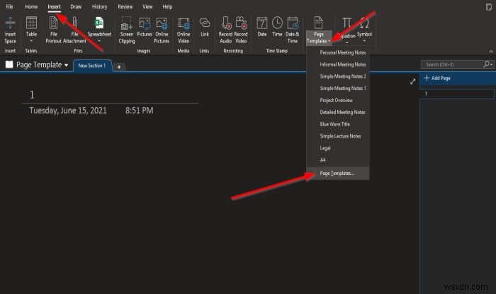 OneNoteでページテンプレート機能を使用する方法 