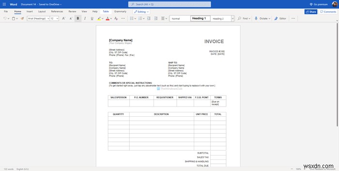 無料でビジネス請求書を作成するためのWordOnlineに最適な請求書テンプレート 