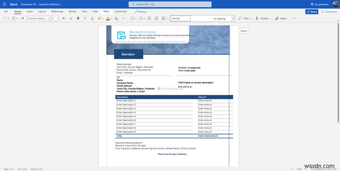 無料でビジネス請求書を作成するためのWordOnlineに最適な請求書テンプレート 